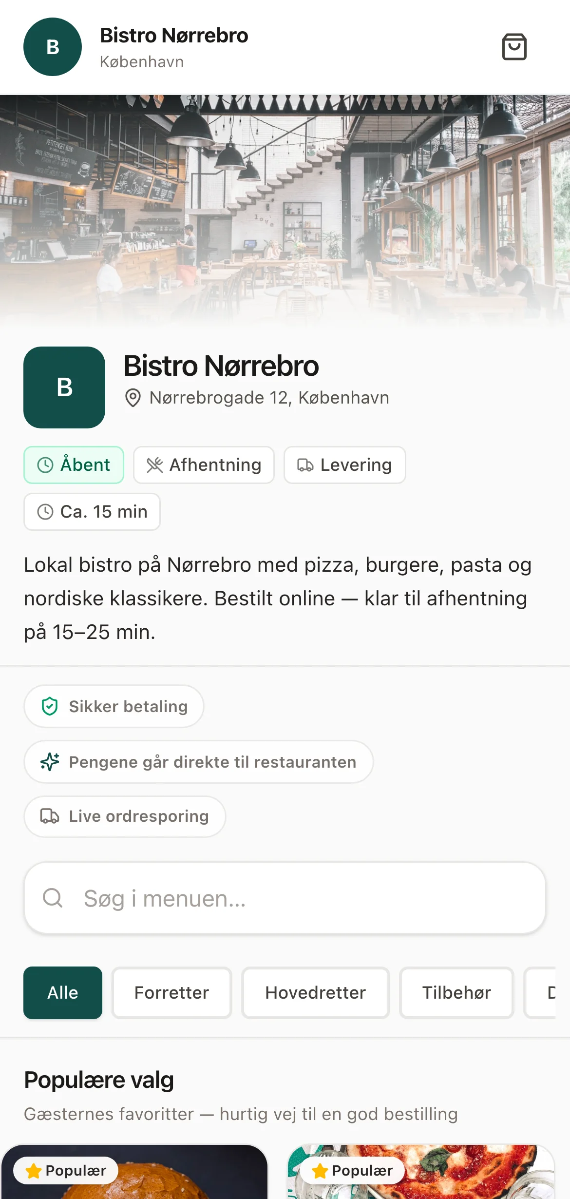 Bistro Nørrebro på mobil: rigtig OrderPlate-bestillingsside med populære retter, kategorier, søgning og betaling direkte til restauranten