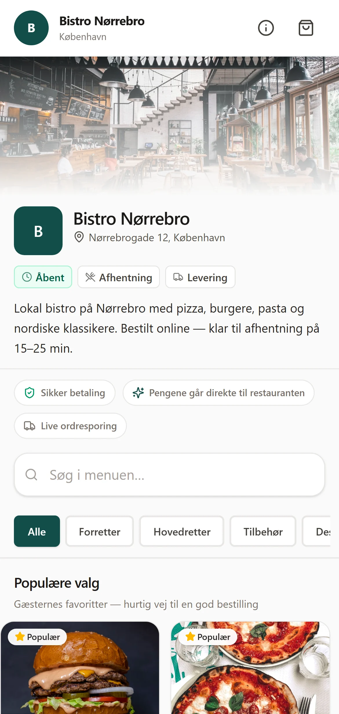 Bistro Nørrebro på mobil: rigtig OrderPlate-bestillingsside med populære retter, kategorier, søgning og betaling direkte til restauranten